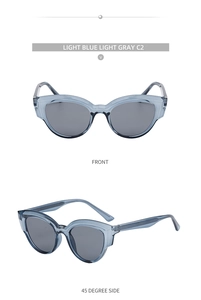 Detailed front and side view of cat eye sunglasses in light blue and grey C2