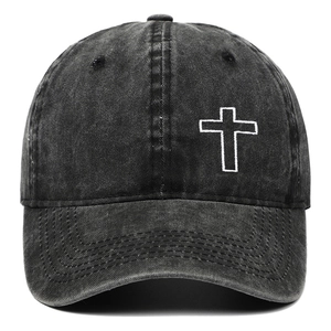 Vintage washed cotton baseball cap in dark grey with white cross embroidery on front