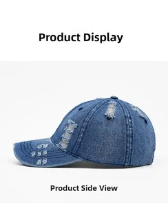 Detailed side view of distressed navy blue denim baseball cap with ripped fabric texture