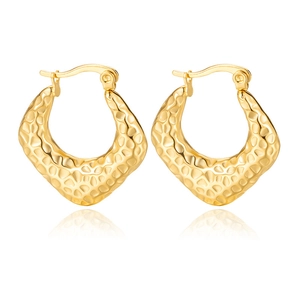 Polished gold hammered texture geometric hoop earrings with reflective finish on white background