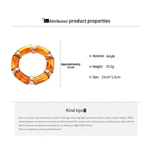 Detail view of acrylic amber resin bracelet with metal beads and size measurements