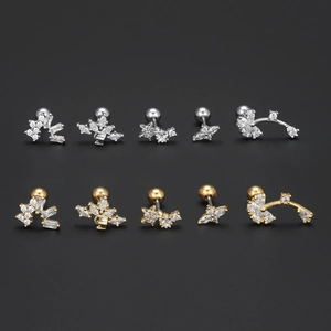 Set of 10 gold and silver flower stud earrings with sparkling cubic zirconia and screw backs