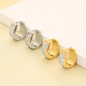 U-shaped stainless steel hoop earrings in gold and silver with zircon stones inlay