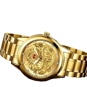 Exquisite gold dragon relief watch with crystal markers and luminous waterproof design