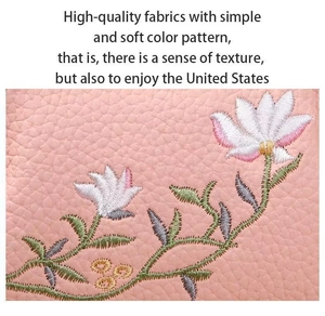 Detailed macro view of high-quality pink lychee grain fabric with floral embroidery