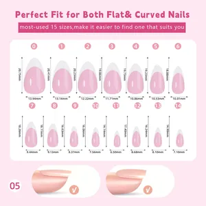 Size guide for French tip press-on nails showing 15 sizes for flat and curved nail beds
