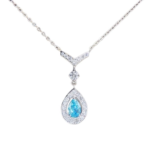 Minimalist S925 silver necklace with pear-shaped aquamarine pendant and V-shaped diamond halo