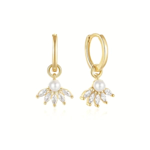 Elegant Marquise Zirconia Artificial Pearl Hoop Earrings With 925 Sterling Silver Earring Post Copper Geometric Fashion For Women