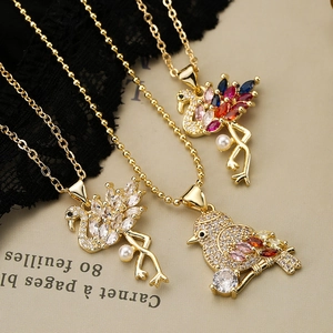 Golden flamingo and bird necklaces with colorful zircon and pearl in elegant layout