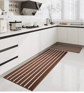Brown and white striped kitchen mat set on a modern floor for anti-slip protection