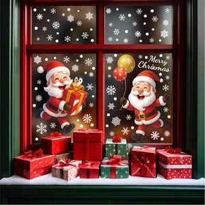 Christmas window static stickers featuring Santa Claus, snowflakes, and Merry Christmas text