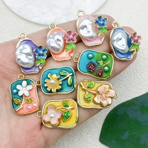 French vintage enamel flower charms with pearls for DIY jewelry making and pendants