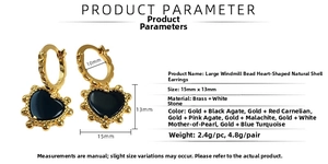 Technical specifications of heart-shaped earrings with brass zircon and natural agate