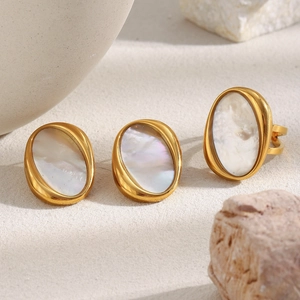 18K gold plated stainless steel jewelry set with white mother of pearl earrings and ring