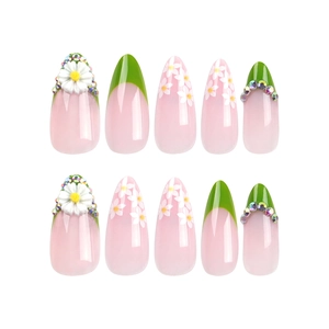 French tip almond fake nails with white 3D daisies and green borders set of 10
