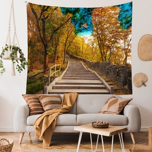 Detail of autumn forest path tapestry featuring vibrant golden leaves and stone steps