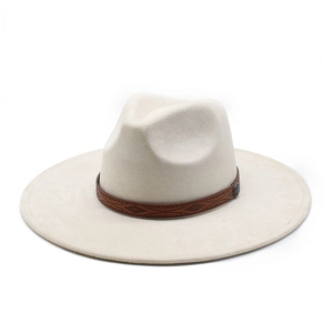 Beige wide brim faux suede fedora hat with brown embossed leather band for men and women