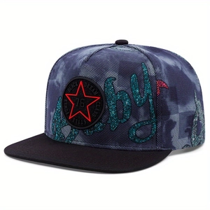 Snapback hat with blue-grey mesh texture, embroidered star patch and sequins boy script