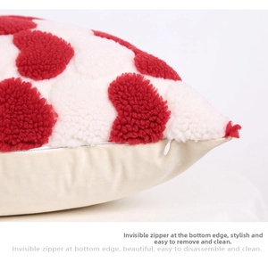 Detail of the heart-patterned tufted cushion featuring a high-quality invisible zipper