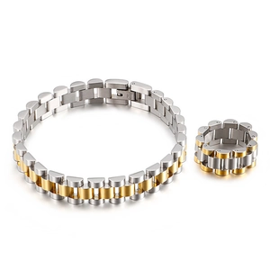 Minimalist two-tone stainless steel watchband style bracelet and ring set for men