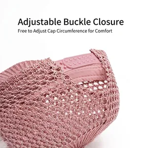 Pink mesh sun hat featuring an adjustable plastic snapback closure for custom sizing