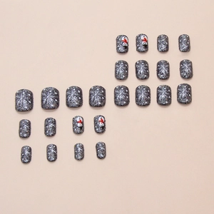 24pcs Christmas press on nails with cute snowmen and white snowflake designs