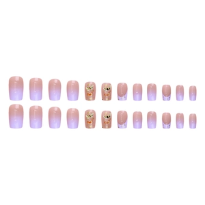 Short square purple butterfly gradient press-on nails with gold foil and French tips