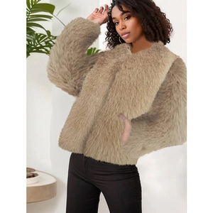Women's faux fur jacket in camel color with long sleeves and collarless open front design