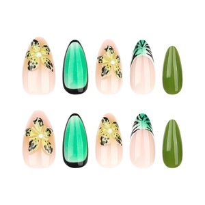 Almond press-on nails with 3D tropical leopard flowers and green French design