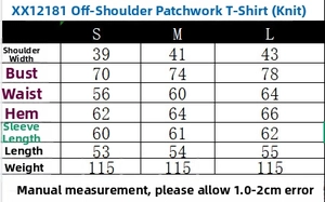 Größentabelle mit Maßen für das schulterfreie Patchwork-Strick-T-Shirt für Damen