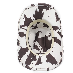 Classic western cowboy hat featuring bold cow print wool material and a wide brim design