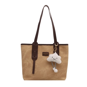 Vintage large capacity khaki canvas tote bag with brown leather handles and cloud pendant