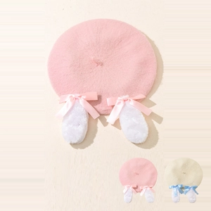 Béret En Tricot Doux Avec Oreilles De Lapin En Peluche Et Nœud En Satin Style Kawaii Japonais Bonnet Chaud D'Hiver Pour Femmes Filles