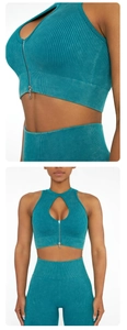 Detail of ribbed knit yoga set featuring front zipper and high waist peacock blue leggings