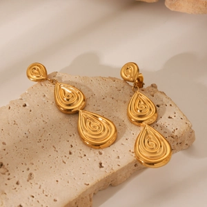 Triple Tiered Water Drop Earrings 18K Gold Plated Stainless Steel Spiral Embossed Texture Retro Ins Style For Women