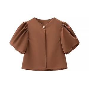 Elegant brown puff sleeve satin blouse for women with a round neck and single button
