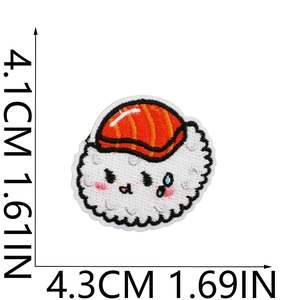 Detail of embroidered salmon sushi patch with cartoon face and precise size dimensions