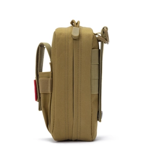 Tactical MOLLE medical pouch in khaki nylon with Velcro attachment side view on white background