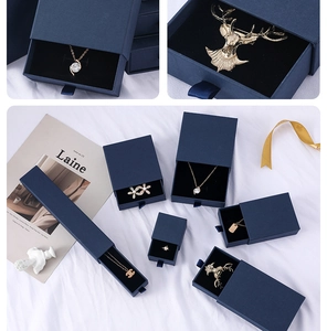 Close-up of deep blue sliding jewelry box with premium black velvet lining for rings