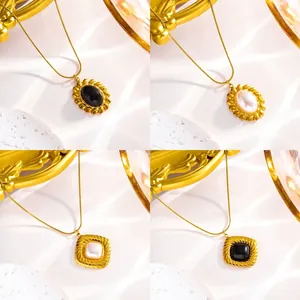 Vintage Pendant Necklace Women 304 Stainless Steel Twisted Edge Geometric Artificial Pearl Snake Chain Gold Plated Jewelry