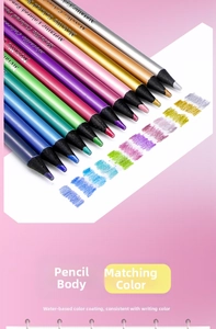 Set of 10 metallic colored pencils on gradient background showing vibrant drawing strokes