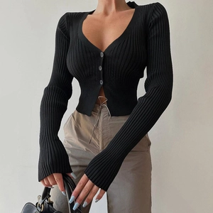 Detailed view of black ribbed knit cardigan with deep V-neck and long sleeves