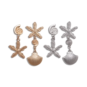 Ocean style starfish and seashell drop earrings in gold and silver metallic finish