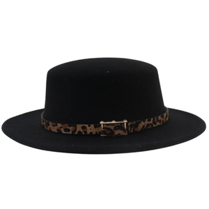 Detail of black wool felt boater hat featuring leopard print ribbon and gold buckle