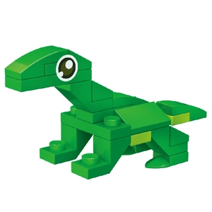 Macro detail of a green building block dinosaur model with a cute cartoon eye sticker