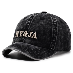 Vintage washed charcoal baseball cap with NY&JA 3D embroidery on a white background