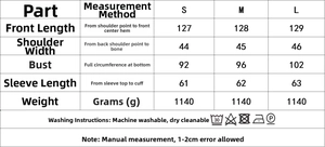Size chart for women's long wool coat showing measurements for S, M, and L sizes