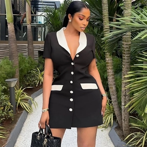 Slim fit black and white contrast blazer mini dress with buttons and lapel collar
