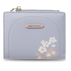 Dettaglio del portafoglio in pelle PU lavanda con stampa floreale e zip dorata