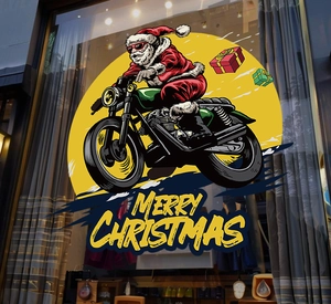 Detail of Christmas Santa on motorcycle window sticker with Merry Christmas text graphic